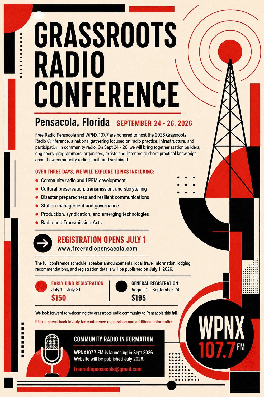Official GRC 2026 poster: red-and-black radio tower artwork announcing the Grassroots Radio Conference, Pensacola, Florida, September 24–26, 2026