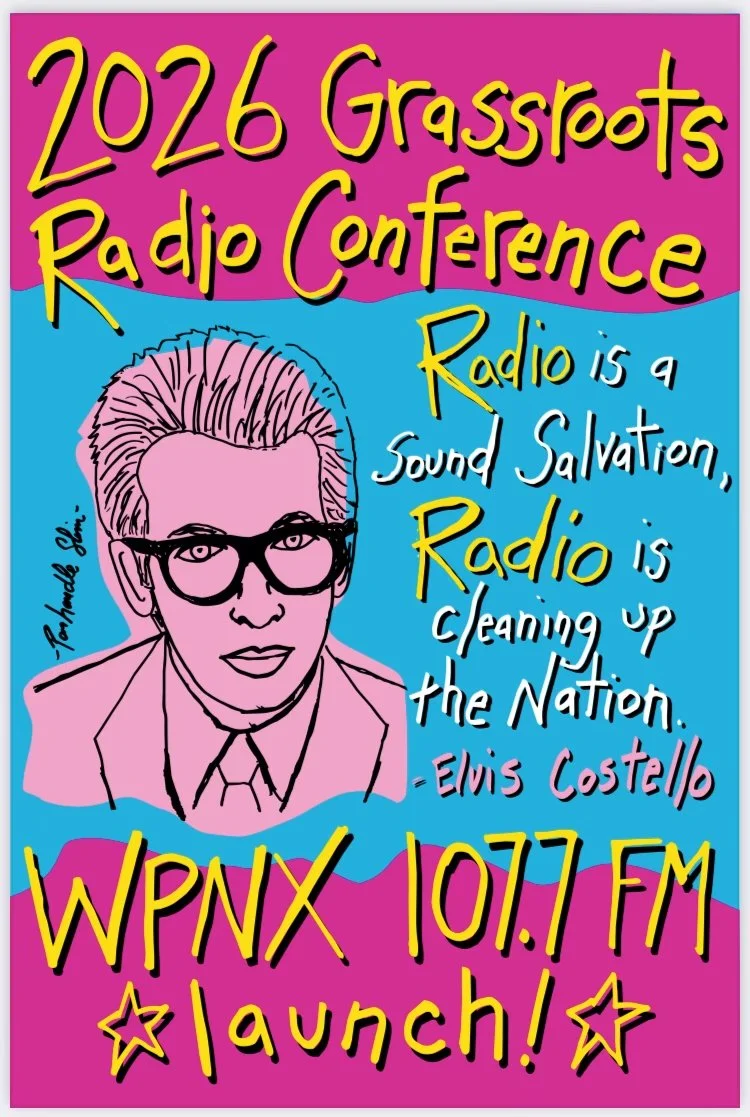 Hand-painted GRC 2026 poster by folk artist Panhandle Slim in pink, blue, and yellow, celebrating the WPNX 107.7 FM launch